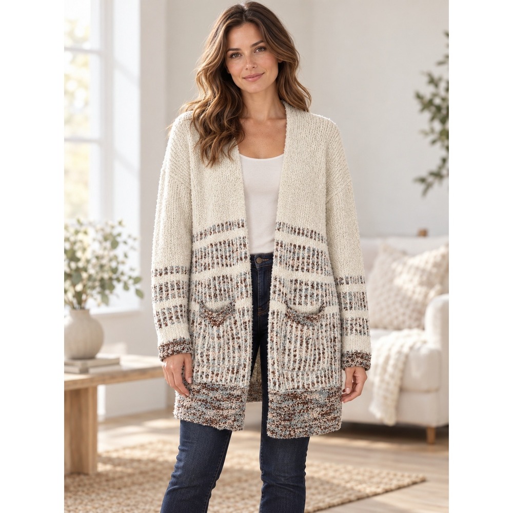 Charlie B Cardigan Sweater Women Small Cream Brown Striped Popcorn Oversized